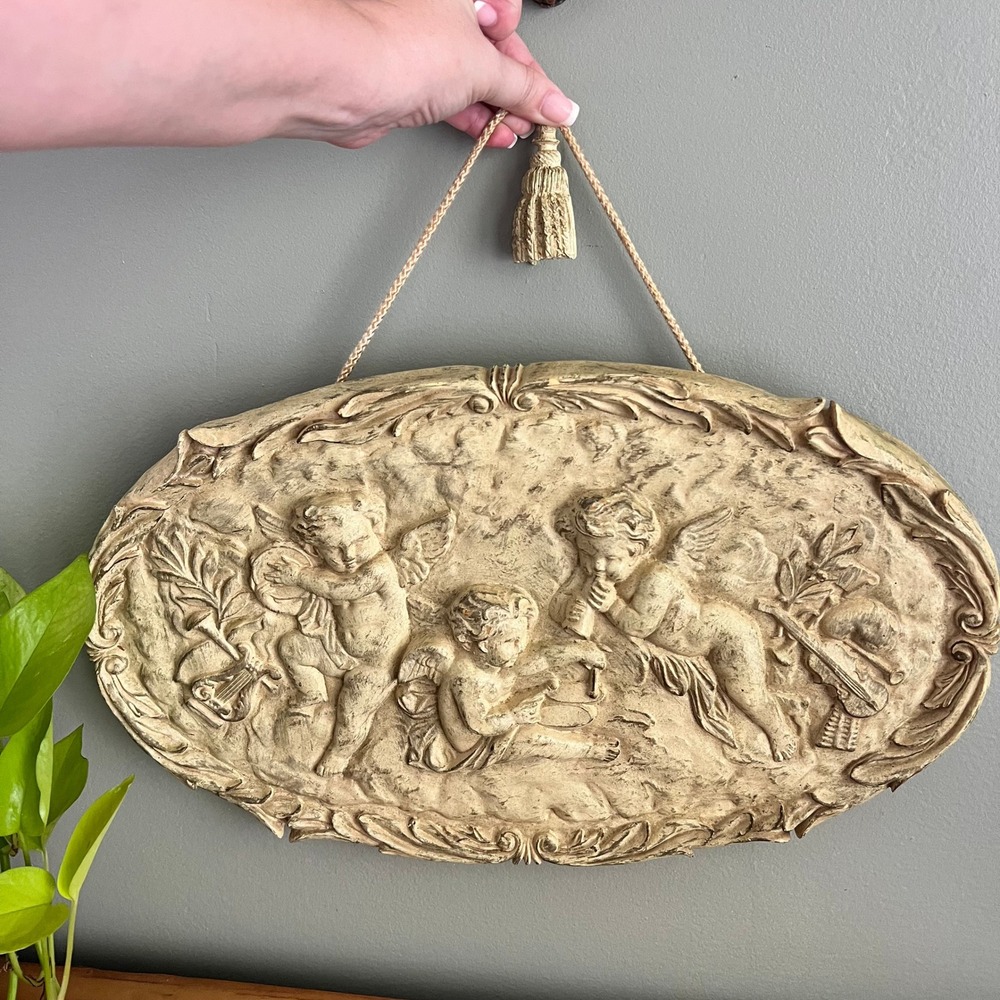 Vintage Style Musical Cherubs Putti Wall Plaque Rococo Style Cream  18x11 Oval